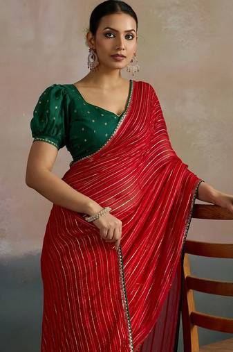 red ethnic striped printed leheriya saree