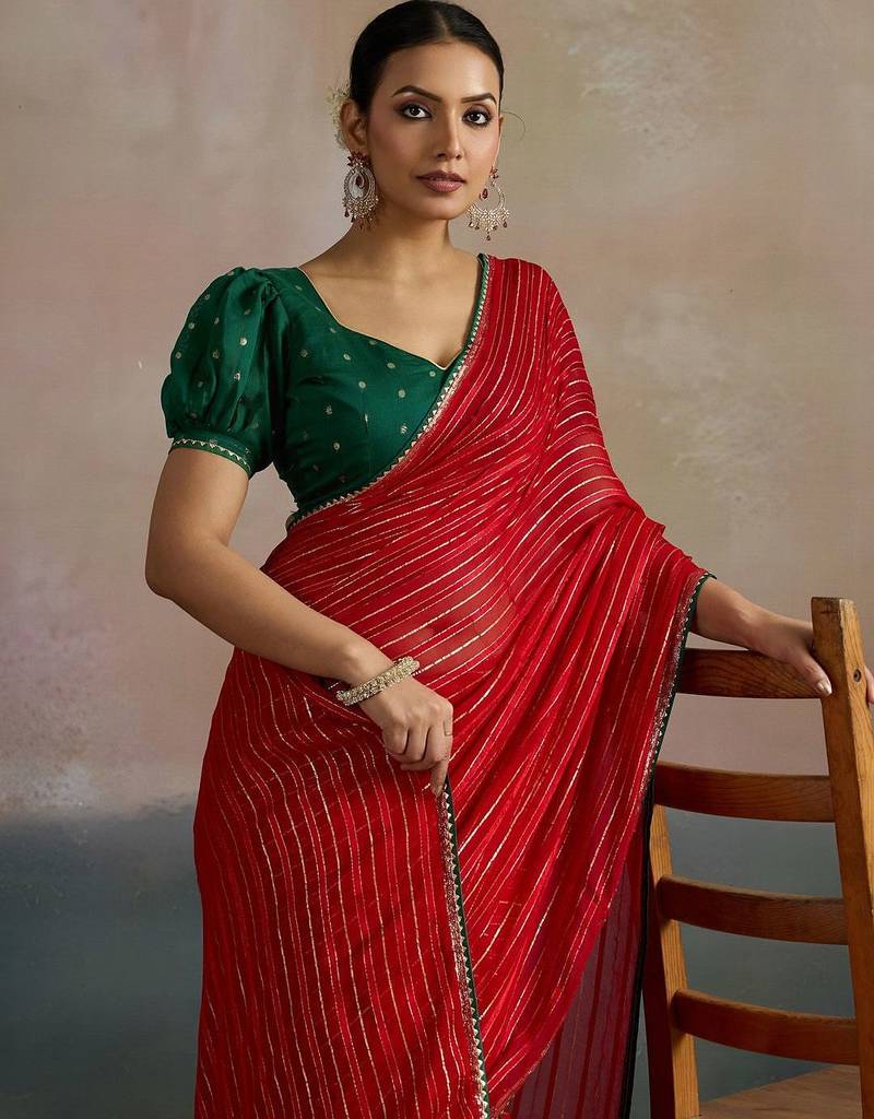 red ethnic striped printed leheriya saree