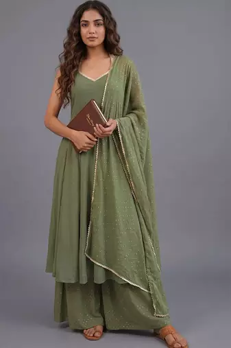 women ethnic motifs printed layered kurta with palazzos & with dupatta