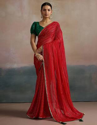 red ethnic striped printed leheriya saree 2