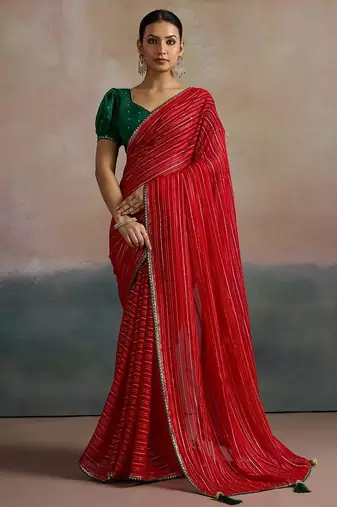red ethnic striped printed leheriya saree