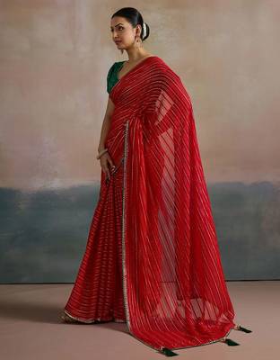 red ethnic striped printed leheriya saree 3