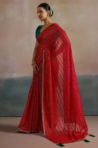 red ethnic striped printed leheriya saree