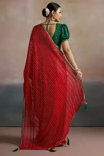 red ethnic striped printed leheriya saree