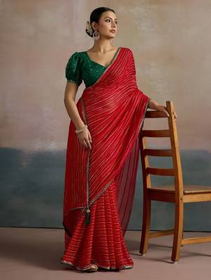 red ethnic striped printed leheriya saree 5