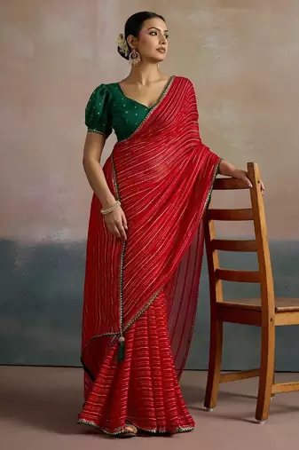 red ethnic striped printed leheriya saree