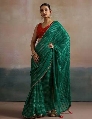 Green striped zari leheriya saree 1