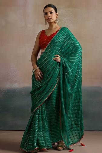 Green striped zari leheriya saree