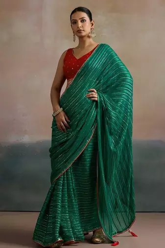 Green striped zari leheriya saree