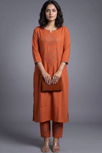 women ethnic motifs regular mirror work kurta with trousers