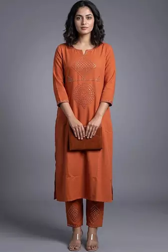 women ethnic motifs regular mirror work kurta with trousers