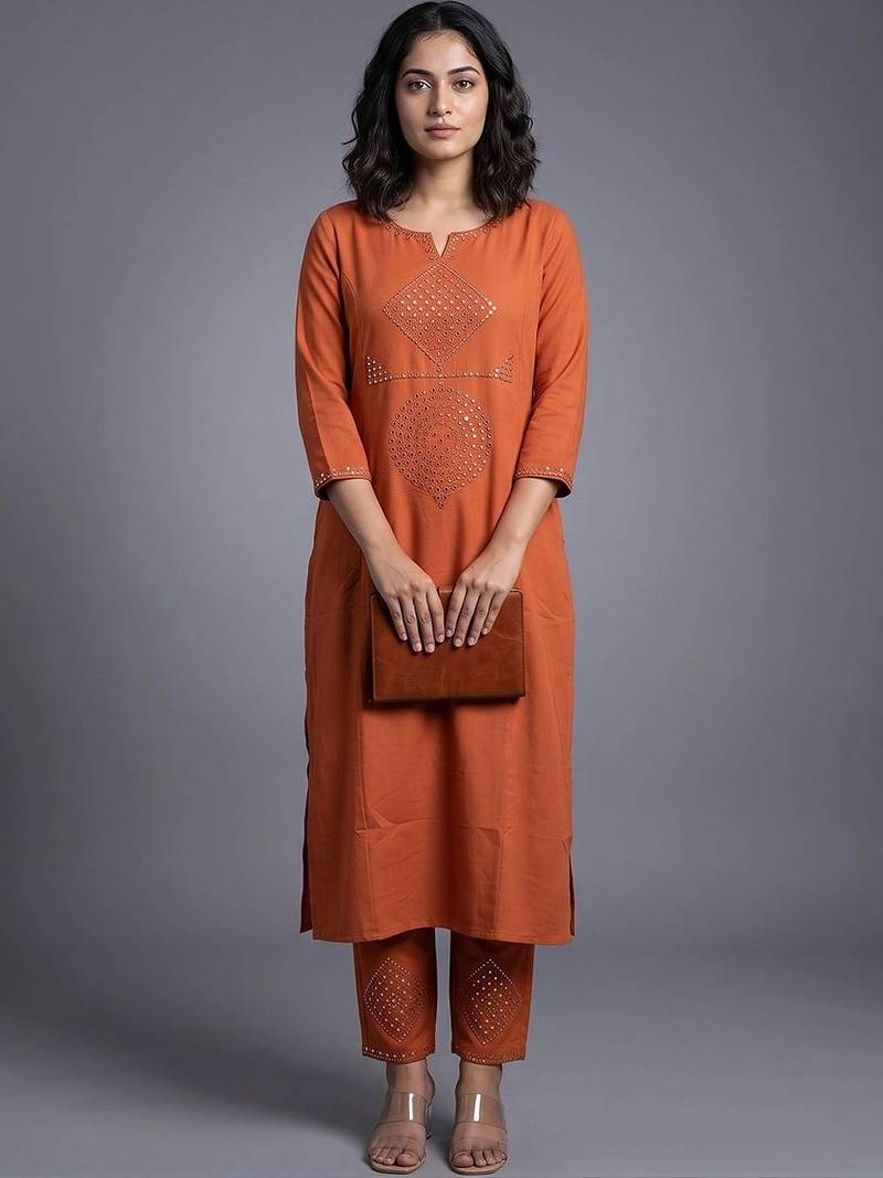 women ethnic motifs regular mirror work kurta with trousers