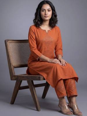 women ethnic motifs regular mirror work kurta with trousers 2