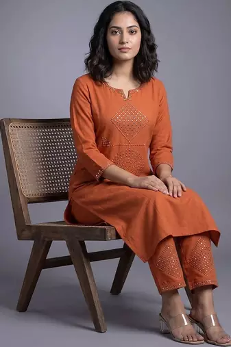 women ethnic motifs regular mirror work kurta with trousers