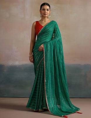 Green striped zari leheriya saree 2