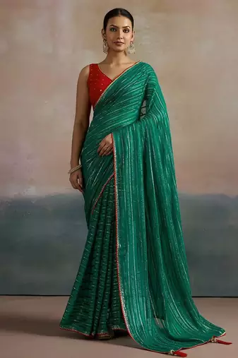 Green striped zari leheriya saree