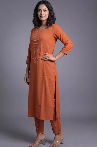 women ethnic motifs regular mirror work kurta with trousers