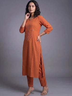 women ethnic motifs regular mirror work kurta with trousers 4