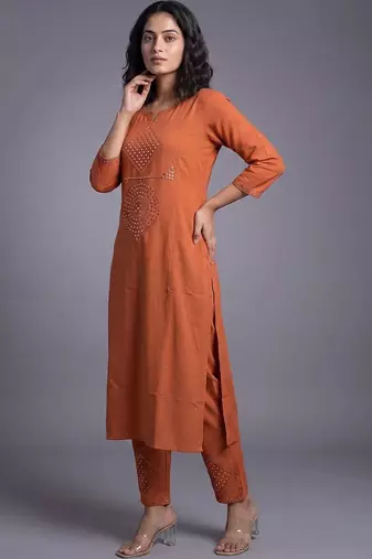 women ethnic motifs regular mirror work kurta with trousers