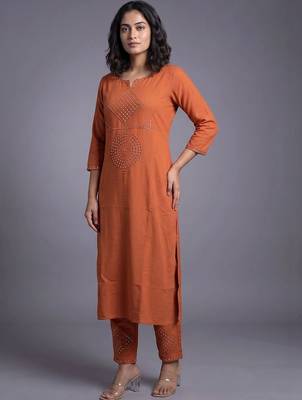 women ethnic motifs regular mirror work kurta with trousers 7