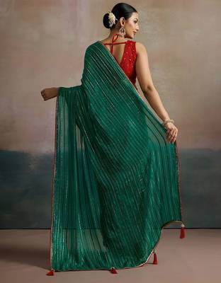 Green striped zari leheriya saree 3