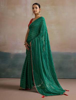 Green striped zari leheriya saree 4