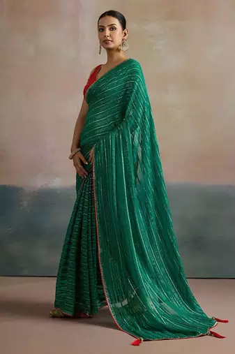 Green striped zari leheriya saree