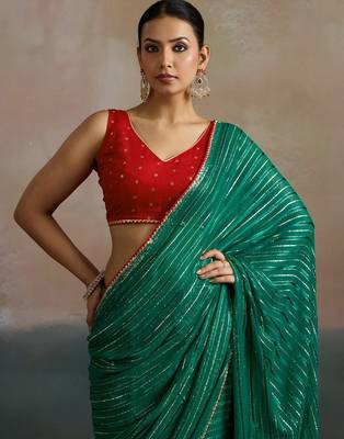 Green striped zari leheriya saree 5