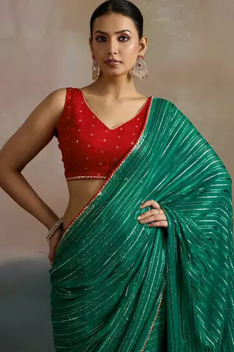 Green striped zari leheriya saree