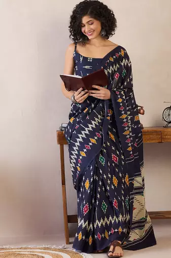 Navy blue ethnic motifs ready to wear ikat saree