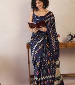 Navy blue ethnic motifs ready to wear ikat saree