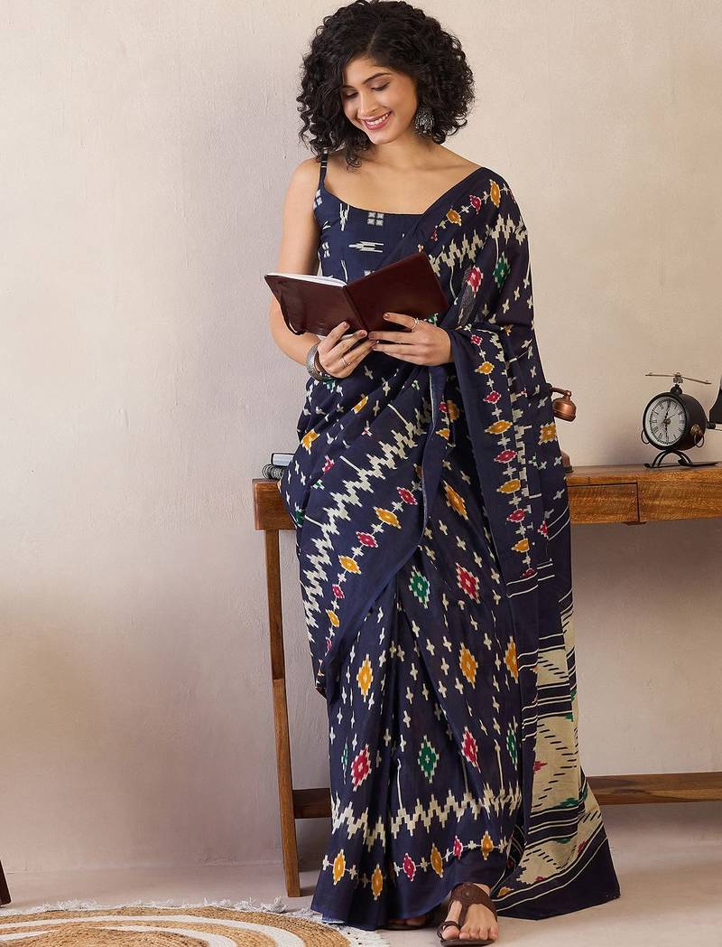 Navy blue ethnic motifs ready to wear ikat saree