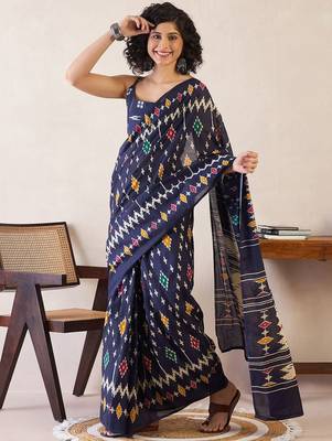 Navy blue ethnic motifs ready to wear ikat saree 2