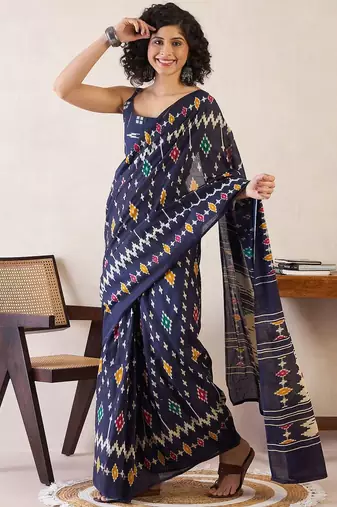 Navy blue ethnic motifs ready to wear ikat saree