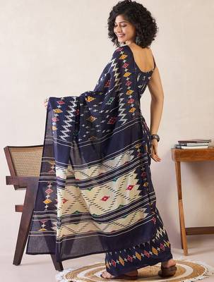 Navy blue ethnic motifs ready to wear ikat saree 3
