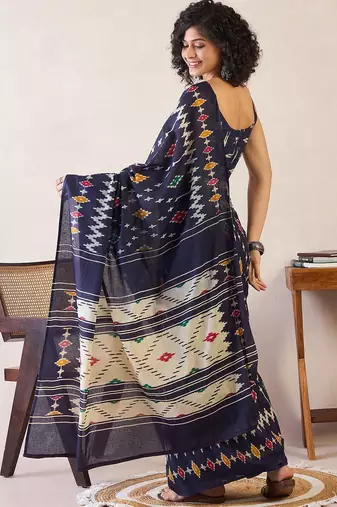 Navy blue ethnic motifs ready to wear ikat saree