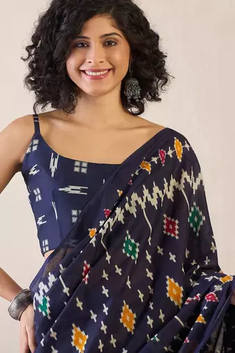 Navy blue ethnic motifs ready to wear ikat saree