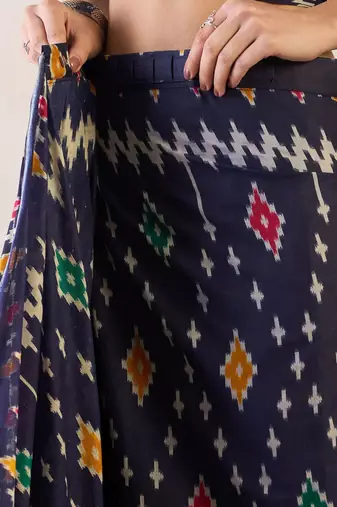 Navy blue ethnic motifs ready to wear ikat saree