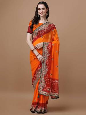 Orange orange ethnic motifs embroidered bandhani saree 1