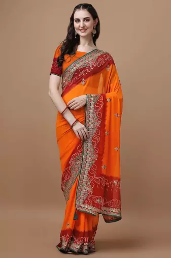Orange orange ethnic motifs embroidered bandhani saree
