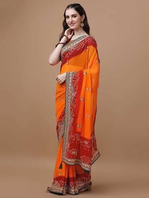 Orange orange ethnic motifs embroidered bandhani saree 2