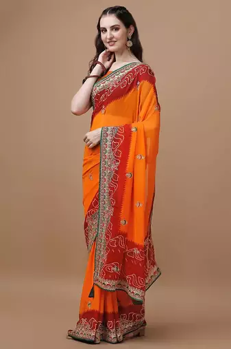 Orange orange ethnic motifs embroidered bandhani saree