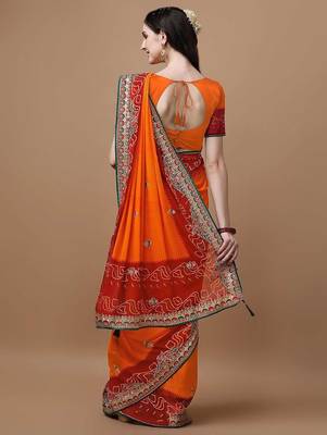Orange orange ethnic motifs embroidered bandhani saree 3