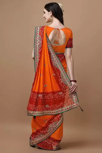 Orange orange ethnic motifs embroidered bandhani saree