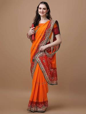 Orange orange ethnic motifs embroidered bandhani saree 4
