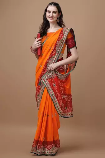 Orange orange ethnic motifs embroidered bandhani saree