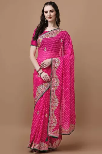 Pink pink geometric printed embroidered bandhani saree