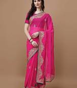 Pink pink geometric printed embroidered bandhani saree