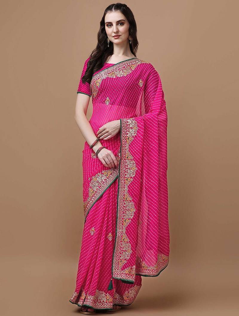 Pink pink geometric printed embroidered bandhani saree