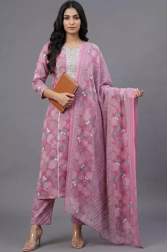 women ethnic motifs printed regular thread work cotton kurta with trousers & with dupatta
